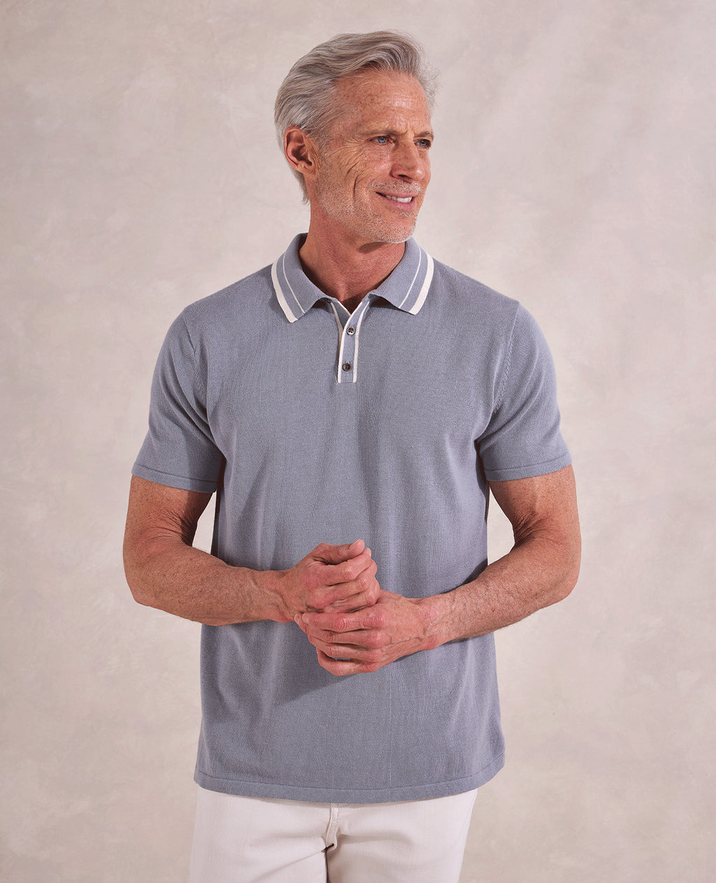 The Callum - Supima Cotton SS Knit Polo w/Tipping - Grey / Ivory